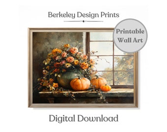 Thanksgiving Wall Art, Fall Farmhouse Printable Art, Fall Pumpkin Painting, Autumn Wildflowers, Digital Print, Rustic Farmhouse Decor