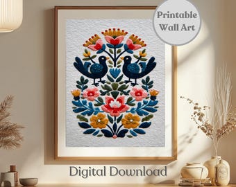 Utskrivbar skandinavisk väggkonst Norsk Rosemaling folkkonst Digitalt tryck Broderilook Svensk blomsterkonst Skandinavisk folkkonst Mönster