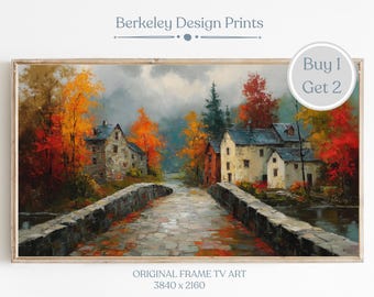 May include: A framed landscape print featuring a stone bridge over a river, with buildings and trees in autumn colors. The print has the text "Berkeley Design Prints" and "Buy 1 Get 2". The dimensions are 3840 x 2160.