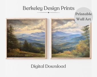 Blue Ridge Mountains Printable Wall Art Set of 2, North Carolina Landscape, Watercolor Mountain Forest Decor, Digital Download