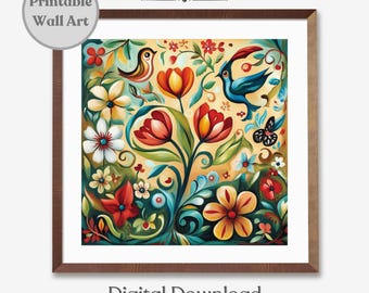 Printable Norwegian Rosemaling Folk Art Print, Swedish Folk Art Print, Scandinavian Wall Art, Scandinavian Folk Art Pattern Digital Download