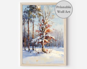 Printable Snowy Winter Wall Art, Winter Forest Oil Painting, Winter Landscape Wall Art, Digital Download, Farmhouse Christmas Wall Decor