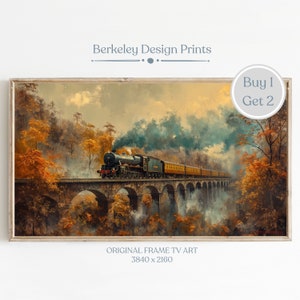 May include: A vintage painting of a steam train traveling through a lush forest on a bridge. The train is green and gold with smoke billowing from its chimney. The forest is a mix of green and orange leaves. The painting has a vintage, almost faded look.