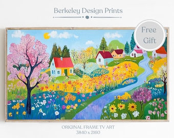 Frame TV Art Scandinavian Style Art Decor, Norwegian Village, Scenic Springtime Village, Vintage Folk Art Landscape, Nordic Inspired Design