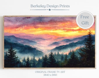 Samsung Frame TV Smoky Mountains Watercolor, Appalachian Mountain Landscape Wall Art, Forest Sunrise Digital Download