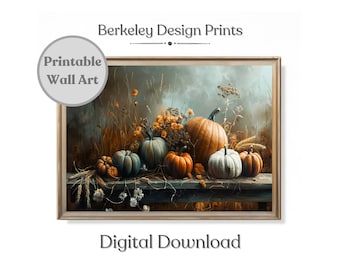 Thanksgiving Wall Art, Fall Farmhouse Printable Art, Fall Pumpkin Painting, Autumn Wildflowers, Digital Print, Rustic Farmhouse Decor