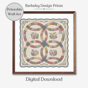 May include: A framed print featuring a colorful quilt design. The quilt has interlocking rings with floral patterns in the center. The print is labeled "Berkeley Design Prints" and "Digital Download."
