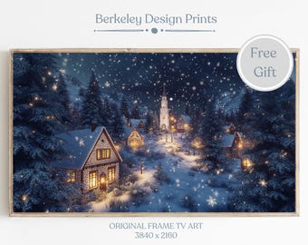 Christmas Town Frame TV Art, Farmhouse Christmas Tv Art, Frame TV Art Winter Village, Snowy Winter Painting, Holiday Decor, Digital Download