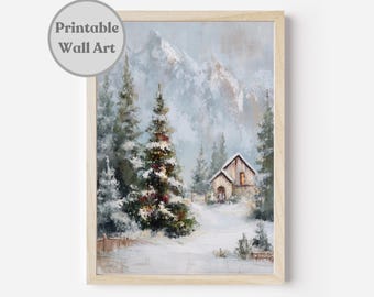 Arte mural imprimible de invierno, impresión de cabaña vintage, paisaje nevado de granja, decoración rústica invernal, descarga digital