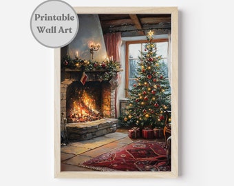 Printable Vintage Christmas Tree Print, Christmas Wall Art, Moody Winter Wall Art, Winter Home Decor, Digital Download, Xmas Oil Painting