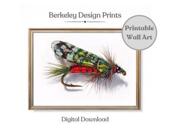 May include: A framed print featuring a detailed watercolor illustration of a fishing fly. The fly has a red body, green and brown wings, and a curved hook. The print is labeled "Berkeley Design Prints" and "Printable Wall Art". The words "Digital Download" are also visible.
