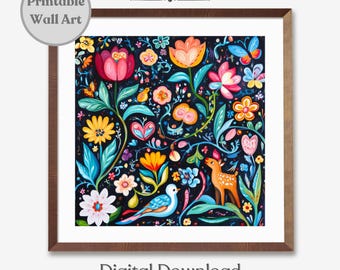 Scandinavian Printable Wall Art, Norwegian Rosemaling Folk Art Print, Swedish Folk Art Print, Scandinavian Folk Art Pattern Digital Download