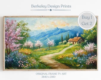 Samsung Frame TV Art Springtime Garden Painting Farmhouse Landscape Art Cottage Country Oil Painting, Digital Download, Forest Cottage Decor