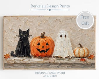 Cute Halloween Frame TV Art, Black Cat Ghost & Pumpkin Painting, Textured Oil Painting, Spooky Fall Decor, Digital Download