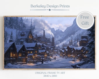 Farmhouse Christmas Art Frame TV, Winter Village Art, Christmas Town Frame TV Art, , Snowy Winter Painting, Holiday Decor, Digital Download,
