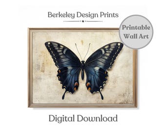 Vintage Blau Schmetterling Art Print, druckbare digitaler Download, dunkle Moody ästhetische Natur Wandkunst, Cottagecore antike Motte Malerei