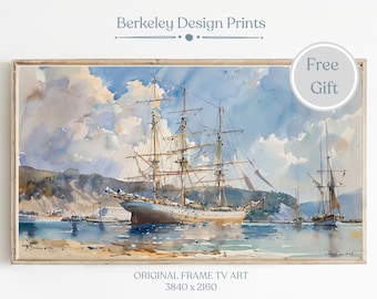 Summer Coastal Art for Frame TV Sailboat Vintage Watercolor Painting Digital Download Summer landscape Tv Artwork Nautical Wall Decor TV44