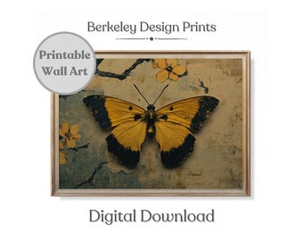 Vintage gelbe Schmetterling Kunst Druck, bedruckbare digitale Download, dunkle launische ästhetische Natur Wandkunst, Cottagecore antike Motte Malerei