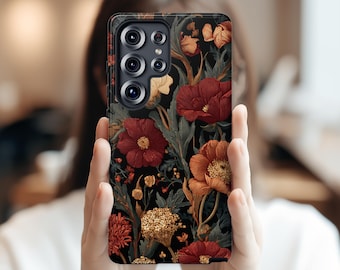 Dark Aesthetic Phone Case, William Morris Inspired Floral iPhone 17 Case MagSafe Option, Samsung Galaxy S26 & Google Pixel Vintage Botanical