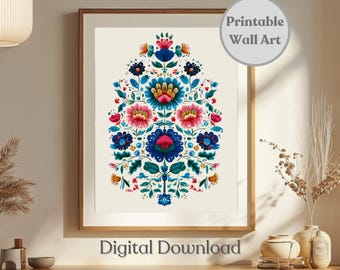 Utskrivbar skandinavisk väggkonst, norsk rosemaling folkkonsttryck, svensk blomsterkonst, skandinaviskt folkkonstmönster, digital nedladdning