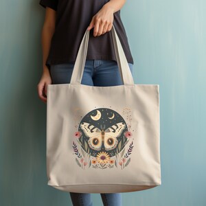 Scandinavian Butterfly & Moth Cotton Tote Bag, Butterfly/Moon Canvas Shopping Tote, Fairycore Shopping Bag, Cottage Core, Bohemian Design