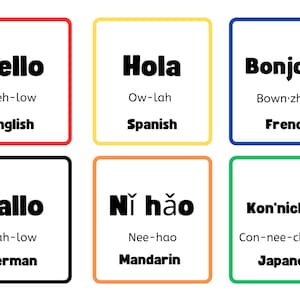 Tarjetas flash de idiomas imprimibles para niños Aprende a decir hola en 12 idiomas diferentes Fácil de leer y entender