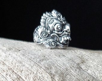 Sterling Silver Barong Ring, Balinese Hindu God Jewelry