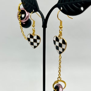 Black & White Checkered Heart Loop Earplug or AirPod earbud Earrings for Autism, ADHD, sensory issues, festivals, moms, anti loss, musicians