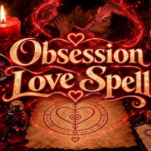 Könnte beinhalten: Eine digitale Grafik mit dem Text Obsession Love Spell in goldener Schrift, zentriert über einem Pergamentpapier mit einem roten Herzsymbol, umgeben von zwei brennenden roten Kerzen, einer kleinen Glasflasche und einem romantischen Paar.