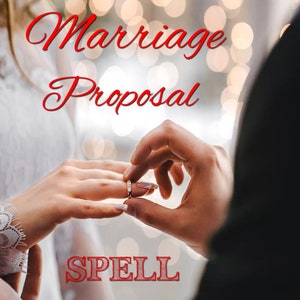 Può includere: Una coppia si fidanza con un anello d'oro. L'immagine contiene il testo "Marriage Proposal Spell".