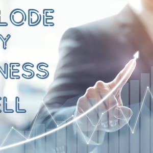 Pode incluir: Uma pessoa de terno aponta para um gráfico com uma tendência de alta, com o texto "EXPLODE MY BUSINESS SPELL" em letras azuis com contorno.