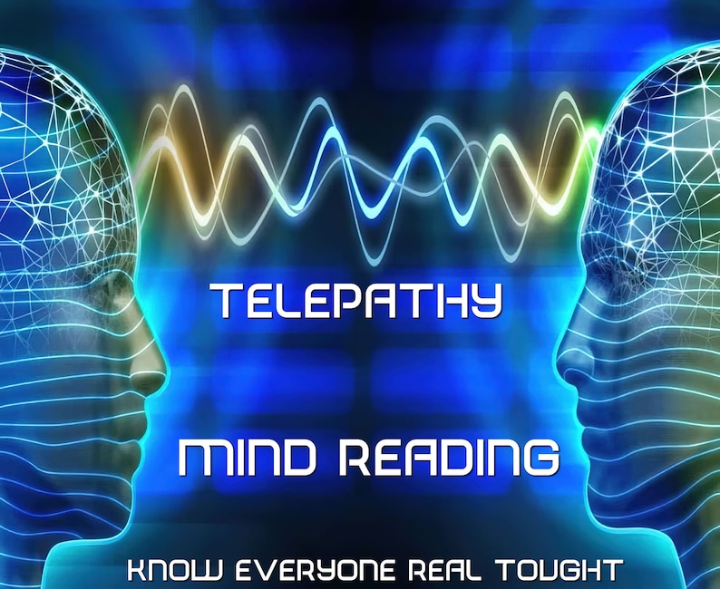 May include: A blue and white digital illustration of two heads with a wavy line connecting them. The text "Telepathy Mind Reading Know Everyone Real Thought" is below the heads.