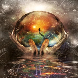 May include: A pair of hands holding a crystal ball with a swirling, colorful galaxy inside. The galaxy is surrounded by a bright, golden light. The hands are surrounded by a dark, starry background.