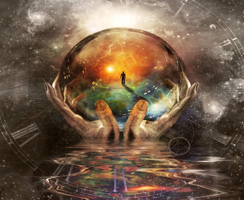 May include: A pair of hands holding a crystal ball with a swirling, colorful galaxy inside. The galaxy is surrounded by a bright, golden light. The hands are surrounded by a dark, starry background.