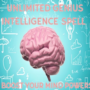 Könnte beinhalten: Eine rosa 3D-Illustration eines Gehirns mit dem Text "UNLIMITED GENIUS INTELLIGENCE SPELL" in Rot und dem Text "BOOST YOUR MIND POWERS" in Rot am unteren Rand des Bildes. Der Hintergrund ist hellblau mit weißen Zeichnungen von Wolken, Regen, einer Glühbirne, einem Regenschirm, einem Diagramm und einer Schachtel.
