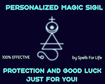 May include: A blue and white personalised magic sigil for protection and good luck. The sigil is a geometric design with a cross, a circle, a triangle, and a line. The text "100% EFFECTIVE" and "by Spells For Life" is also included. The text "PROTECTION AND GOOD LUCK JUST FOR YOU!" is at the bottom of the image.