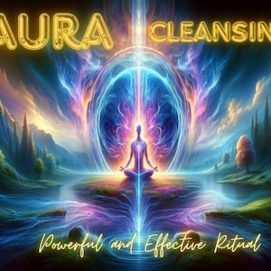May include: A digital illustration of a person meditating in a colourful, ethereal landscape. The person is surrounded by swirling energy and light, with a bright blue and purple aura. The text "AURA CLEANSING Powerful and Effective Ritual" is written in yellow at the bottom of the image.