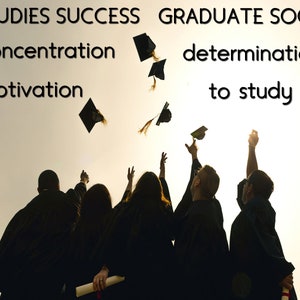 May include: Silhouettes of graduates throwing their caps in the air, with the words "STUDIES SUCCESS GRADUATE SOON" and "concentration, motivation, determination to study" written above them.