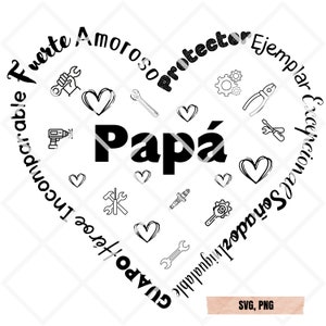 Father's Day designs in Spanish, heart designs for Father's Day in Spanish, phrases in Spanish for dad
