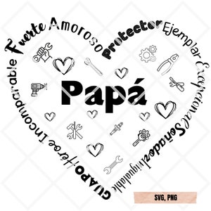 Father's Day designs in Spanish, heart designs for Father's Day in Spanish, Spanish phrases for Dad