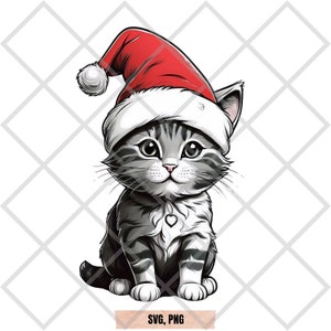 Gatito con gorro de navidad, diseños de gatos para navidad, gatitos tiernos diseños PNG, SVG, gatos diseños para navidad