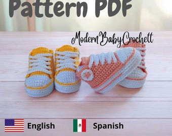 Modello PDF per scarpine da neonato all'uncinetto | Scarpe per neonati stile Converse | Sneakers per neonati all'uncinetto | Istruzioni in spagnolo e inglese