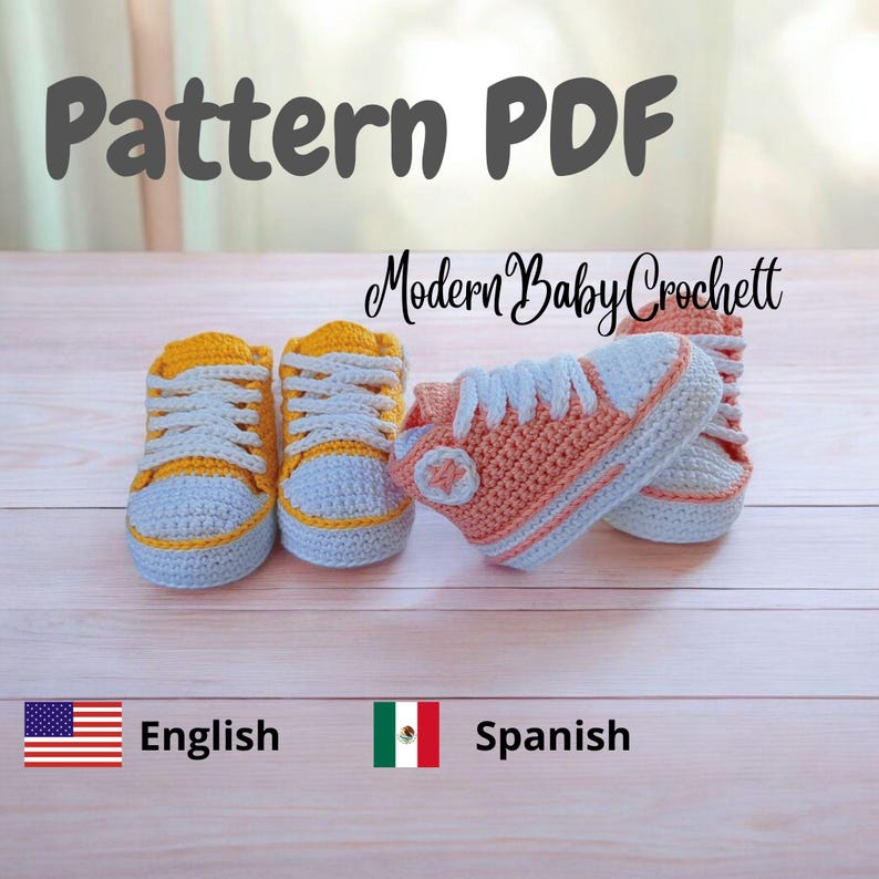 May include: A crochet Pattern PDF titled ModernBabyCrochett featuring two pairs of baby sneakers. One pair is yellow with white laces and soles, and the other is peach with white laces, soles, and a circular side patch. The text Pattern PDF is visible.