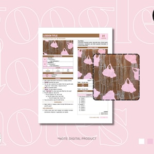 May include: A digital lesson note template featuring a brown background with a repeating pink floral pattern. The document includes sections for lesson titles, topic outlines, legends, and concept questions, with a zoomed-in view of the pattern.