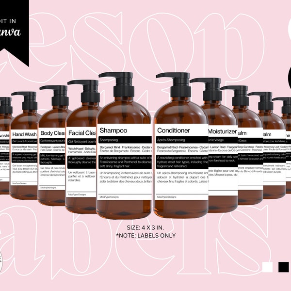 Étiquettes de bouteilles de savon personnalisables inspirées d'Aesop de luxe Shampooing Revitalisant Lavage pour le corps Savon pour les mains Lotion Alcool 500 ml 16,9 fl oz