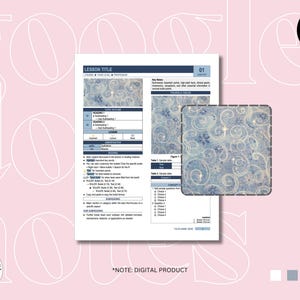 May include: A digital lesson note template featuring a blue and white swirled pattern with star accents. The document includes sections for lesson title, topic outline, key notes, figures, tables, and sample questions, with a clear layout for study.