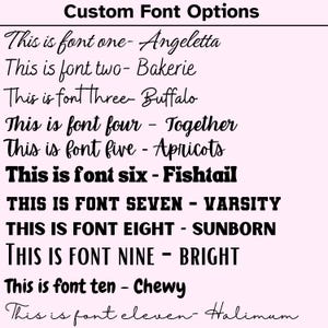 May include: A list of eleven different fonts with their names displayed in each font style. The fonts are: Angeletta, Bakerie, Buffalo, Together, Apricots, Fishtail, Varsity, Sunborn, Bright, Chewy, and Halimum.