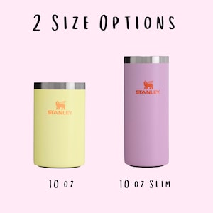 May include: Two Stanley brand insulated beverage tumblers, one in yellow and one in purple. The yellow tumbler is 10 oz and the purple tumbler is 10 oz slim.