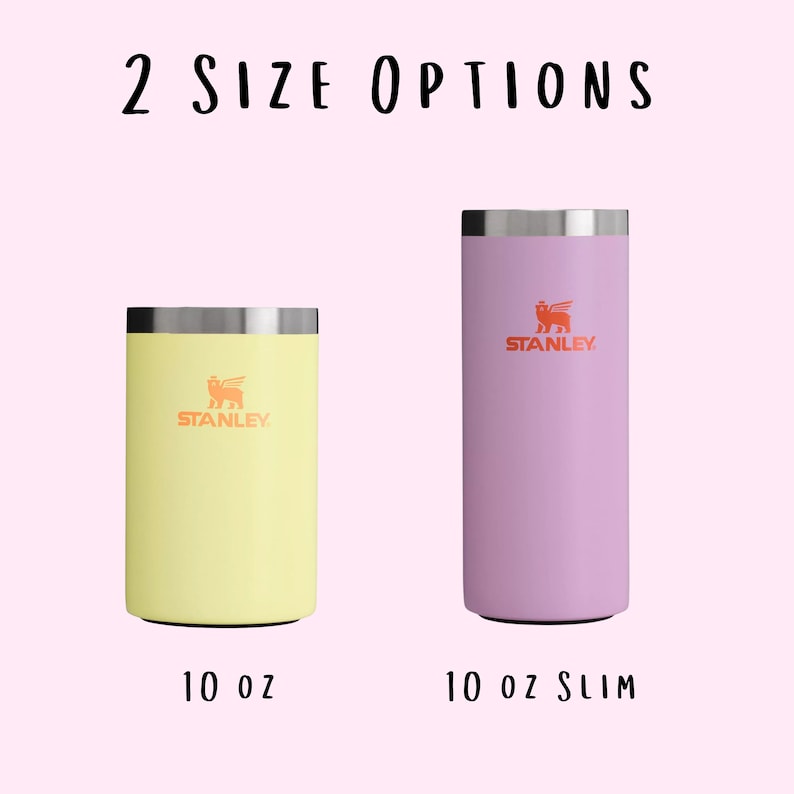 May include: Two Stanley brand insulated beverage tumblers, one in yellow and one in purple. The yellow tumbler is 10 oz and the purple tumbler is 10 oz slim.