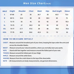 May include: A men's size chart in inches, with measurements for height, shoulder, chest, waist, hips, back length, and sleeve. Includes instructions on how to measure chest, waist, hips, thighs, ankle, and inseam. The chart is on a blue background.